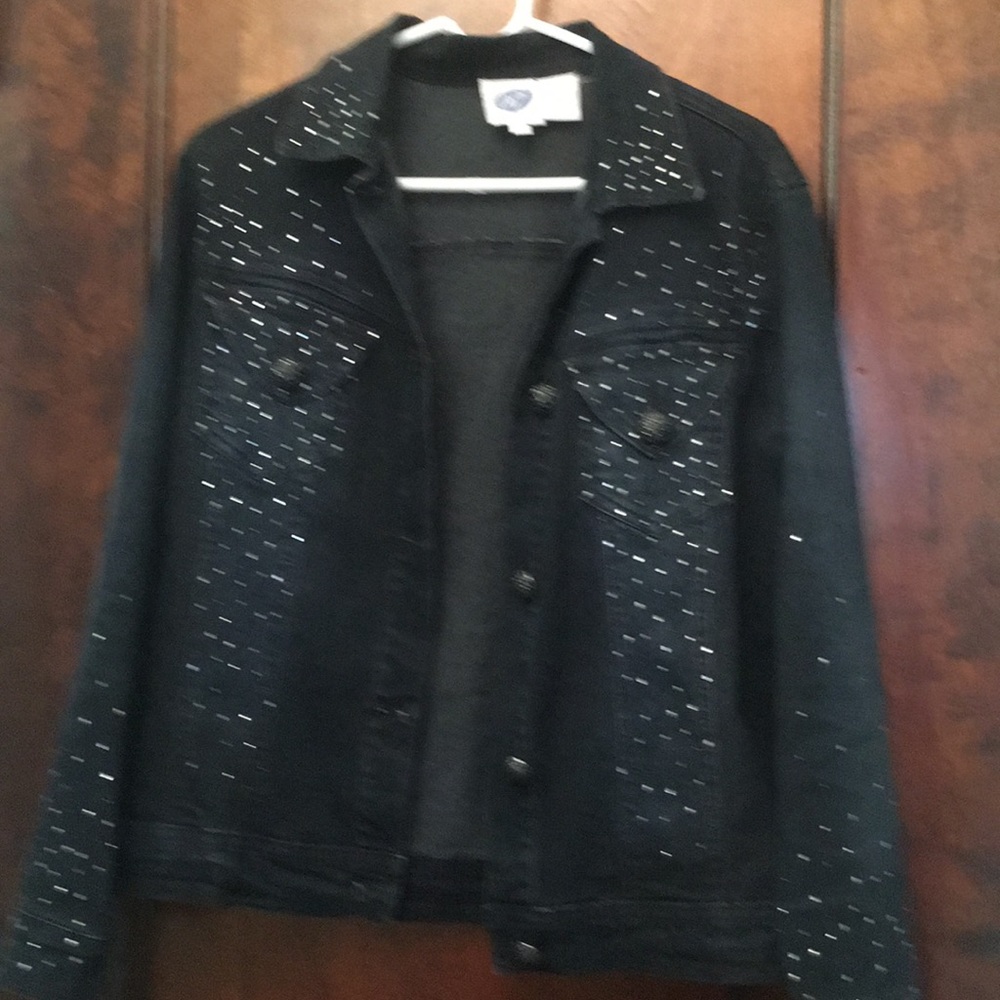 DG2 denim jacket. Rhinestone studs throughout.